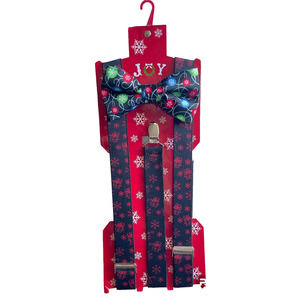Men's Christmas Holiday Suspenders With Silver Clips and Bow Tie Gift Set
